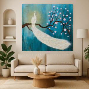 Handcrafted Texture Art – White Peacock on Blossom Branch