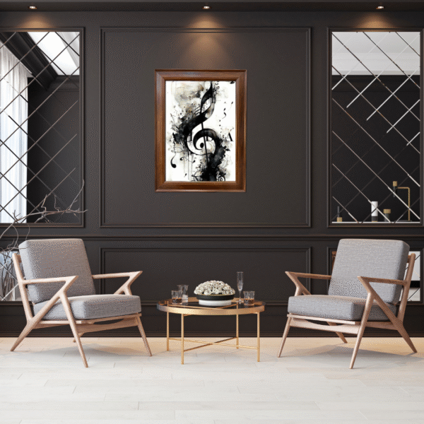 Black & White Treble Clef Wall Art Frame – Musical Notes Abstract Painting