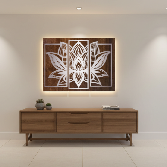 Lotus Mandala 3-Panel Metal Wall Art – Silver Finish