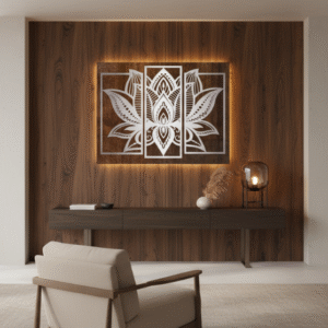 Lotus Mandala 3-Panel Metal Wall Art – Silver Finish