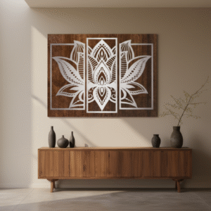 Lotus Mandala 3-Panel Metal Wall Art – Silver Finish